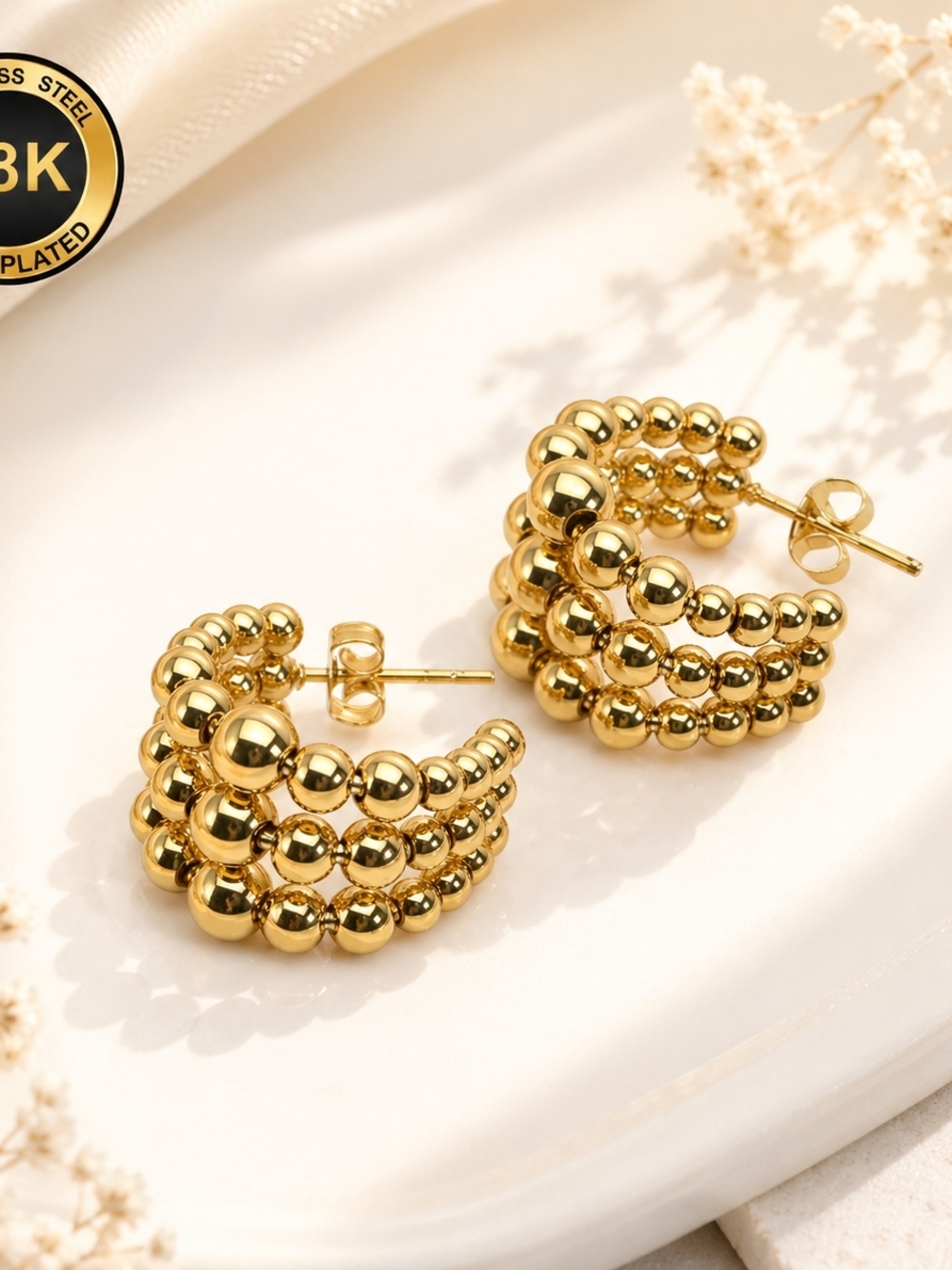 18K Gold Plated Beaded Hoop Earrings | Chunky Ball Statement Hoops